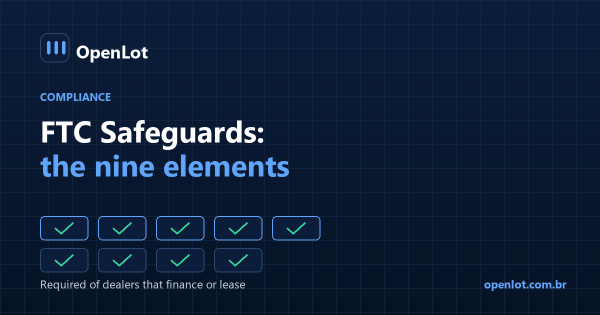 Checklist of the nine required elements of an information security program under the FTC Safeguards Rule for auto dealers
