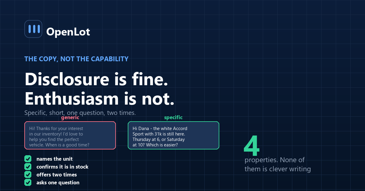 Side by side comparison of dealership test drive booking messages that get replies against patterns that end the conversation